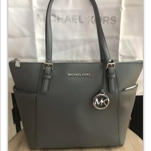 Michael Kors Jet Set Heather Grey Saffiano Leather Zip Tote
